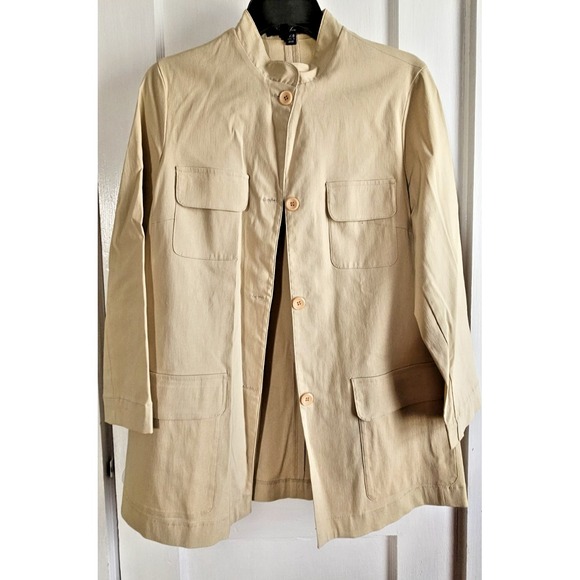 Emanuel Ungaro PETITE 4/38 beige safari‎ jacket mandarin collar button stretch - Picture 1 of 8